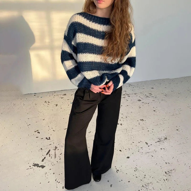 Off Shoulder Knitted Striped Sweater Women Loose Casual Slash Neck Long Sleeve Female Pullovers 2024 Autumn Lady Street Jumper