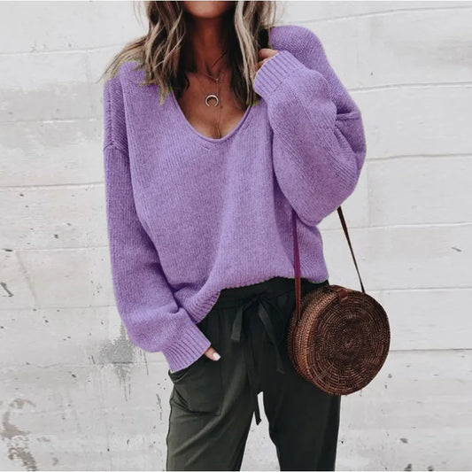 New Women's V-neck Long Sleeve Loose Sweater Autumn Winter Sweater Top Women's Fashion Solid Color Knitted Pullover Sweater