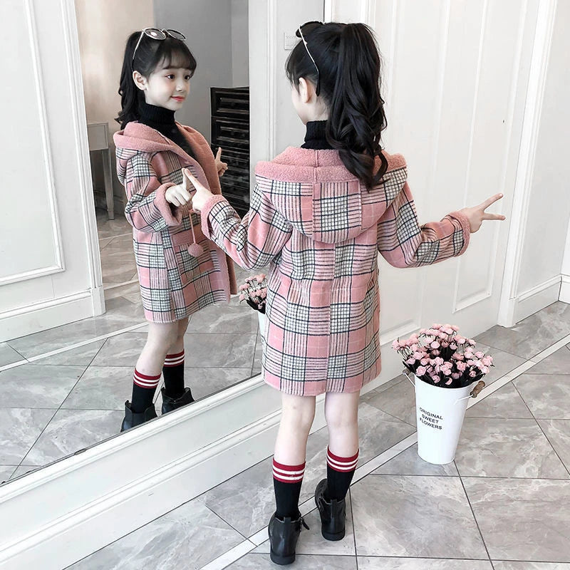 4-15 Year Children Outwear Winter for Girl Plaid Thicken Woolen Jacket Coat Teenage Kids Outfits Wool Long Outerwear Warm Fleece