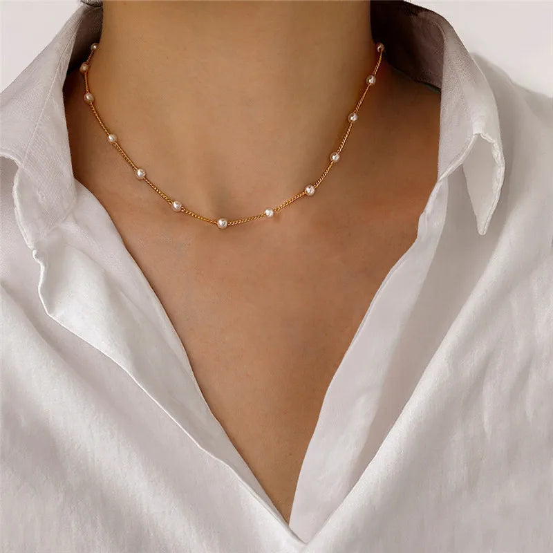 New Fashion Popular Choker Neckalce for Women Girl Imitation Pearl Link Chain Short Delicated Necklace Wholesale Jewlry