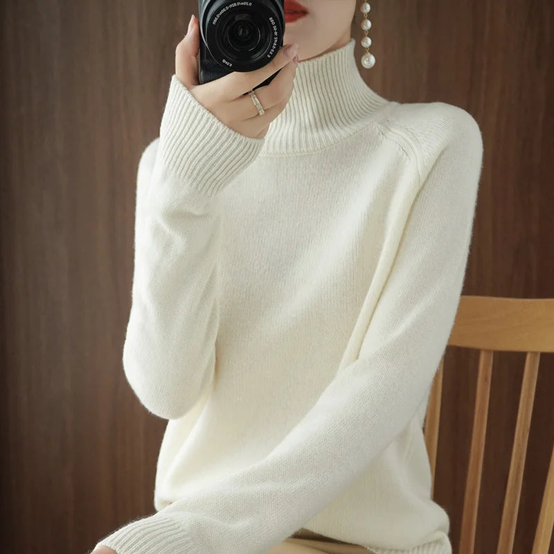 Turtleneck Merino Wool Pullover Basic Casual Cashmere Sweater Comfort Autumn Winter Women's Raglan Sleeve Clothing Tops