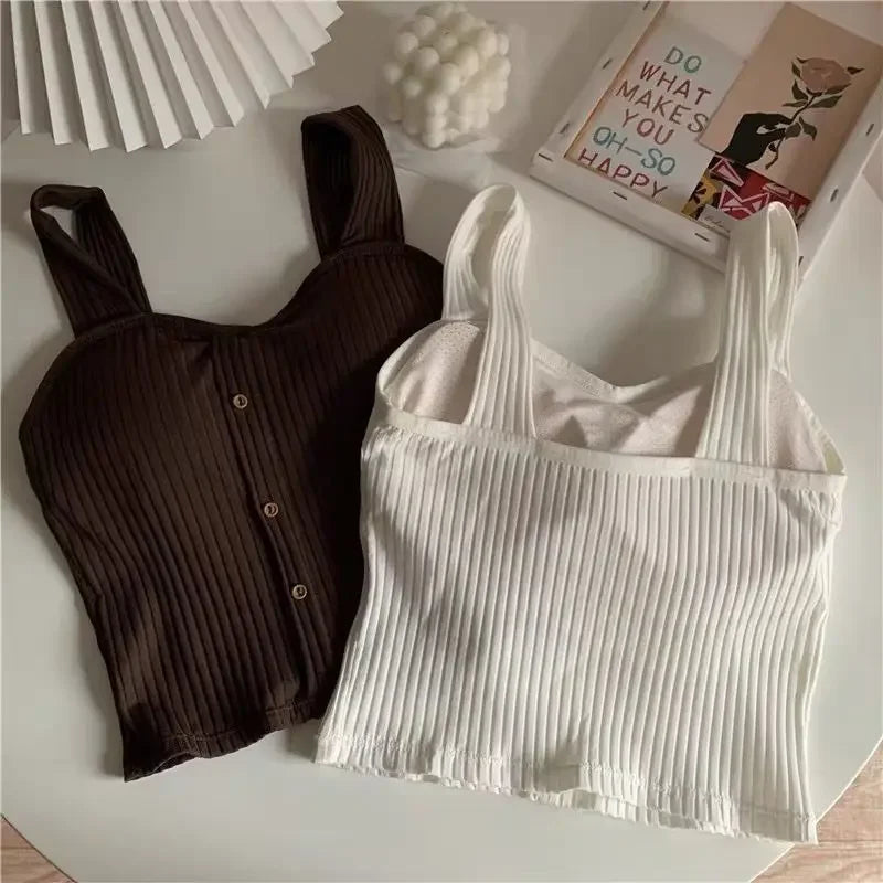 Women's Cropped Tops with Bra Pads Summer Corset Korean Suspenders Vest Sexy Camisole Slim