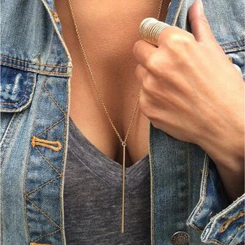 Simple Classic Fashion Stick Pendant Necklace Hollow Girl Long Link Chain Square Copper Necklaces  Strip Jewelry For Women