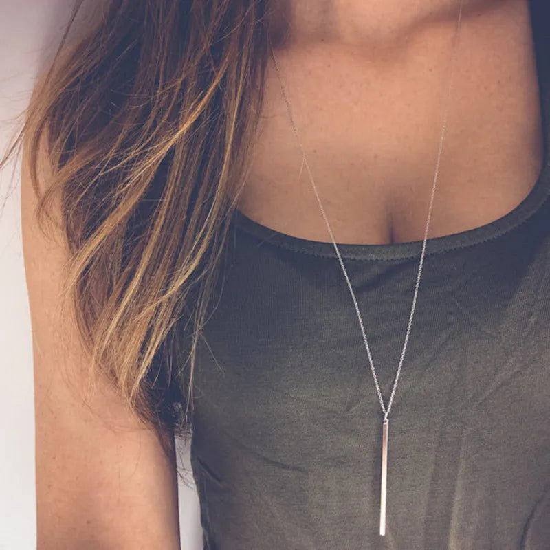 Simple Classic Fashion Stick Pendant Necklace Hollow Girl Long Link Chain Square Copper Necklaces  Strip Jewelry For Women