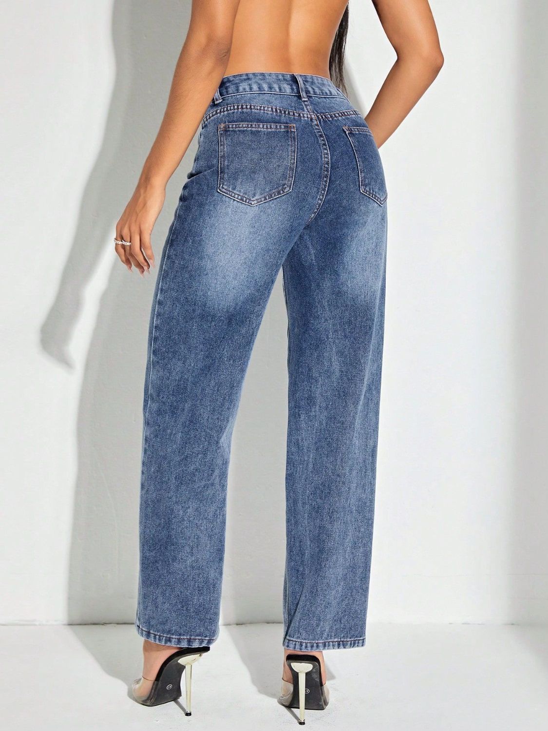 Contrast Patchwork Straight Jeans with Pockets