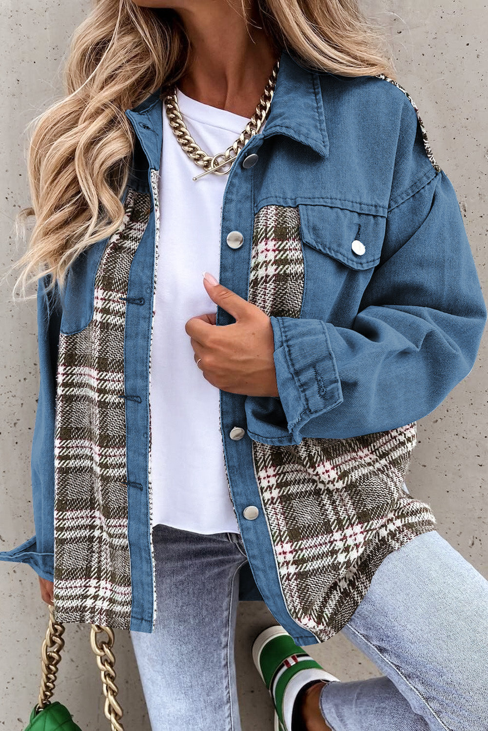 Plaid Pocketed Button Up Denim Jacket