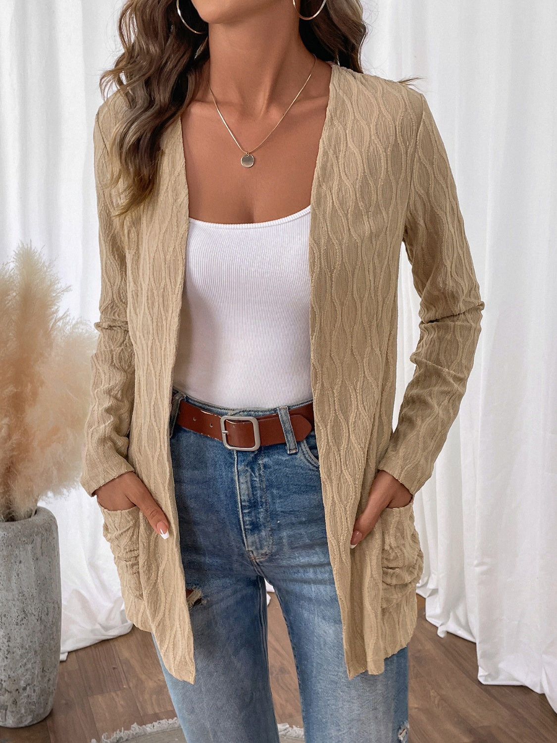 Open Front Long Sleeve Cardigan with Pockets