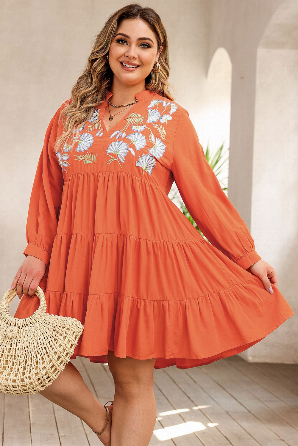 Plus Size Notched Neck Printed Long Sleeve Mini Dress