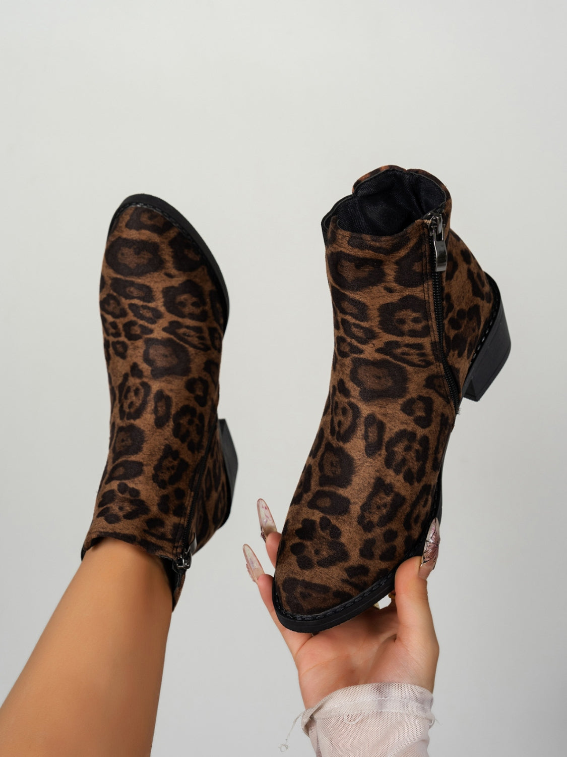 Leopard Point Toe Block Heel Boots