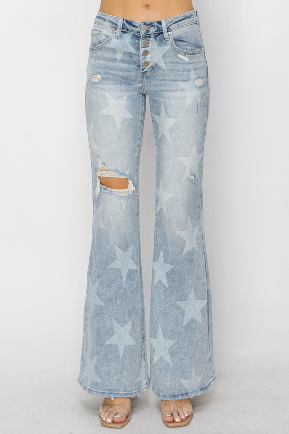 RISEN Mid Rise Button Fly Start Print Flare Jeans