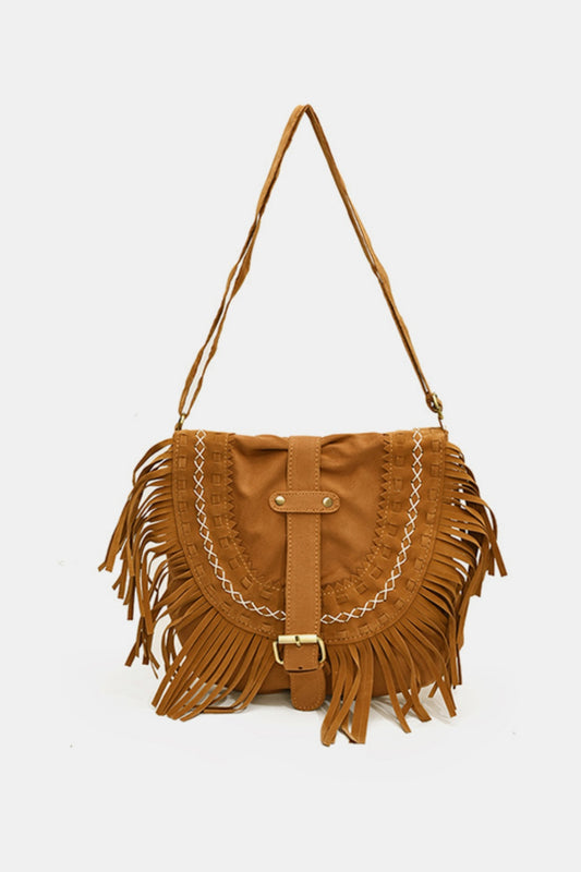 Suede Fringe Wide Strap Shoulder Bag