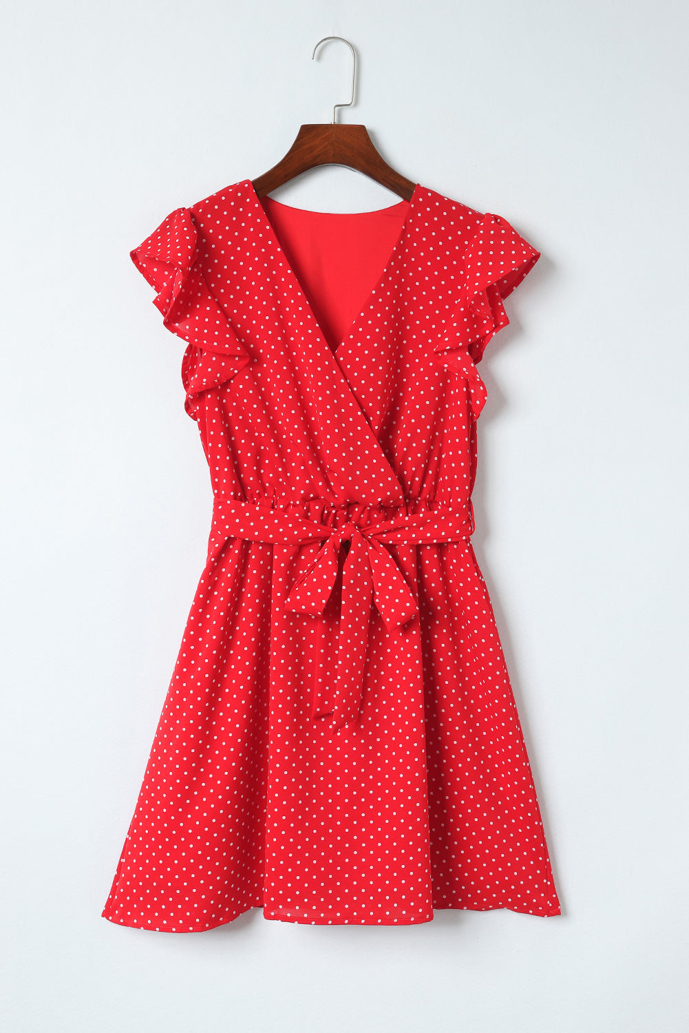 Polka Dot Surplice Neck Tie Waist Dress