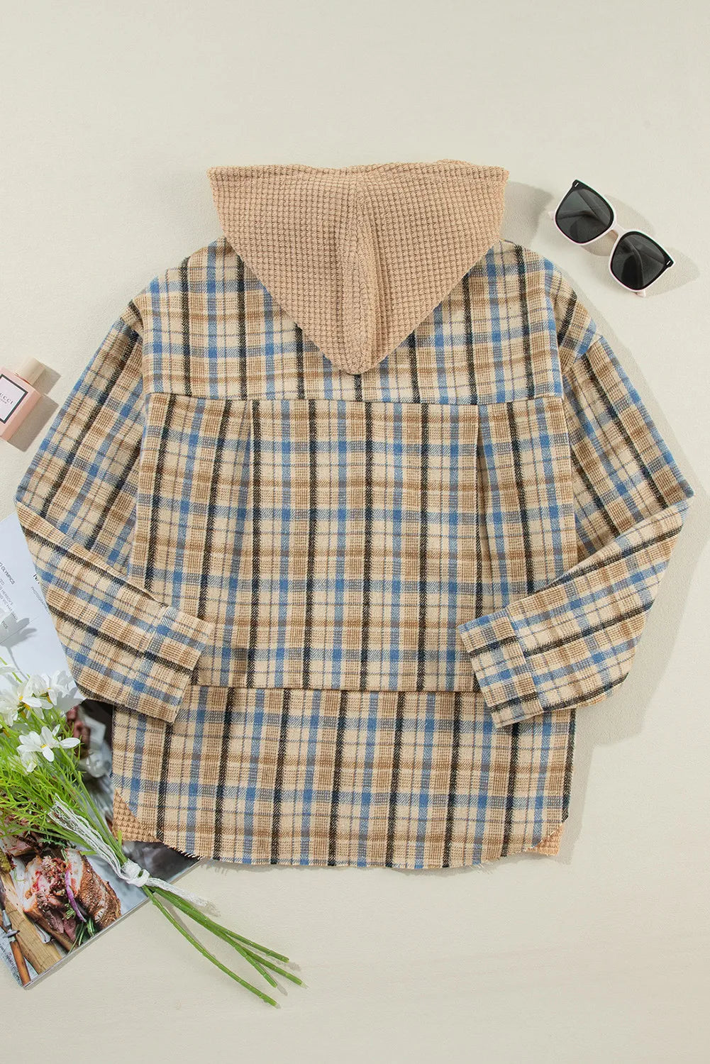 Drawstring Plaid Button Up Hooded Shacket