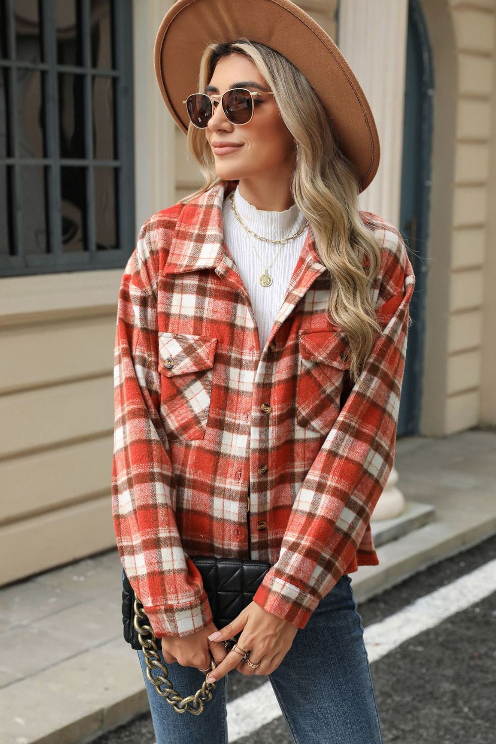 Pocketed Plaid Collared Neck Dropped Shoulder Jacket