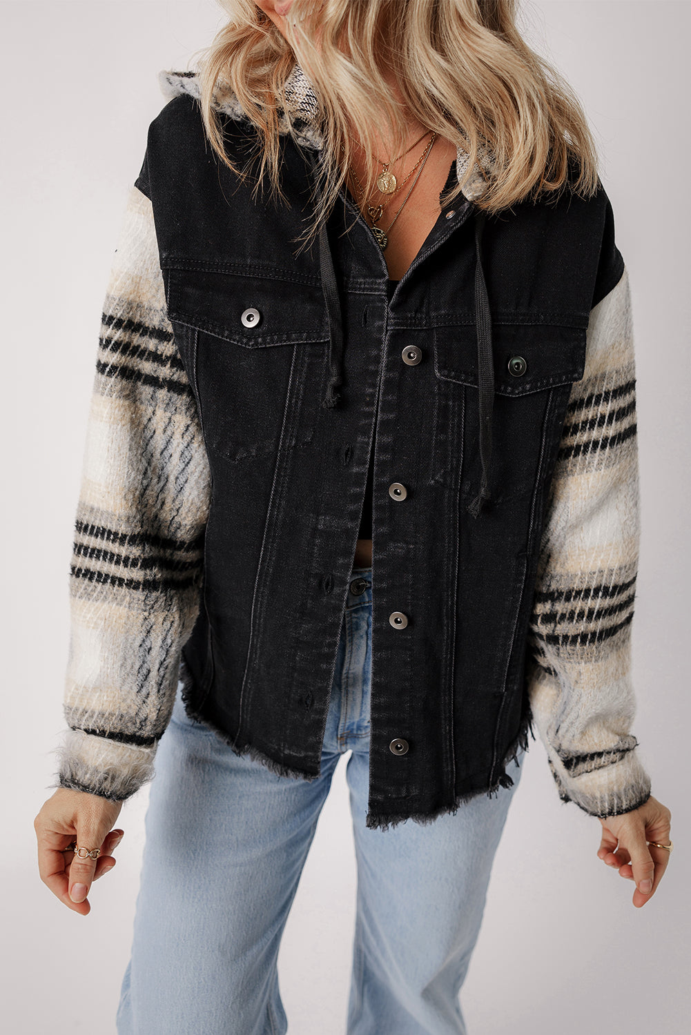 Raw Hem Drawstring Hooded Denim Jacket