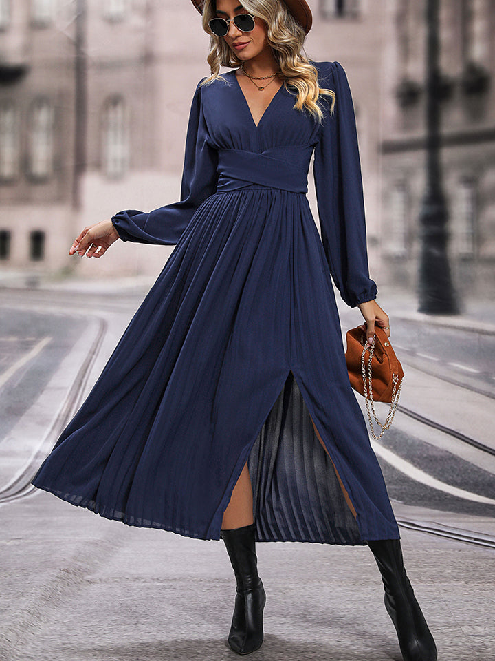 Perfee V-Neck Long Sleeve Pleated Slit Dress