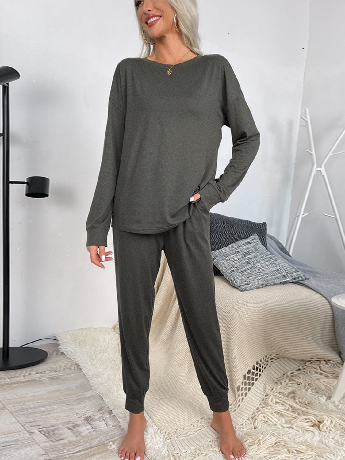 Shiny Round Neck Top and Drawstring Pants Lounge Set