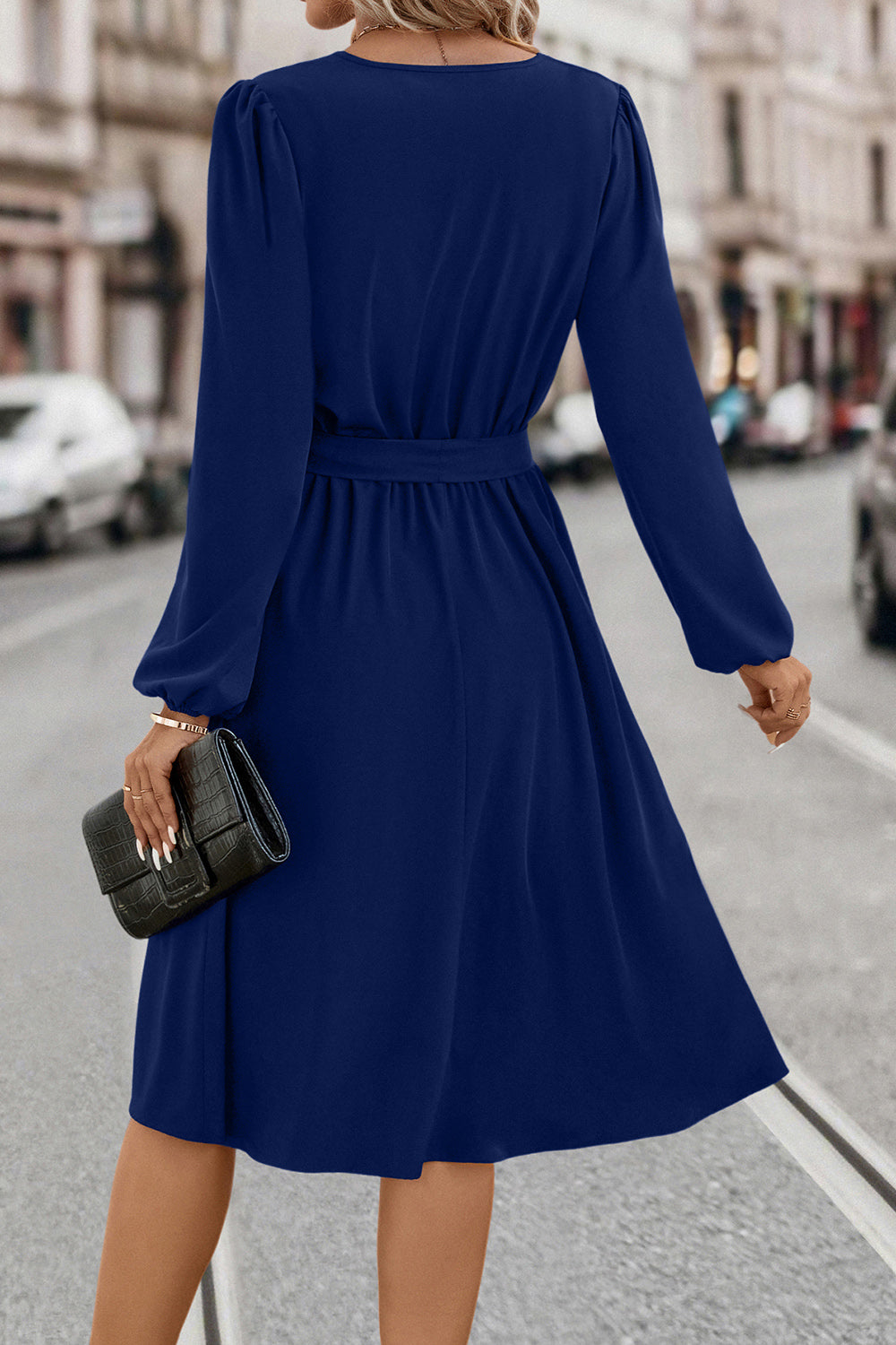 Tie Waist Notched Neck Long Sleeve Dress