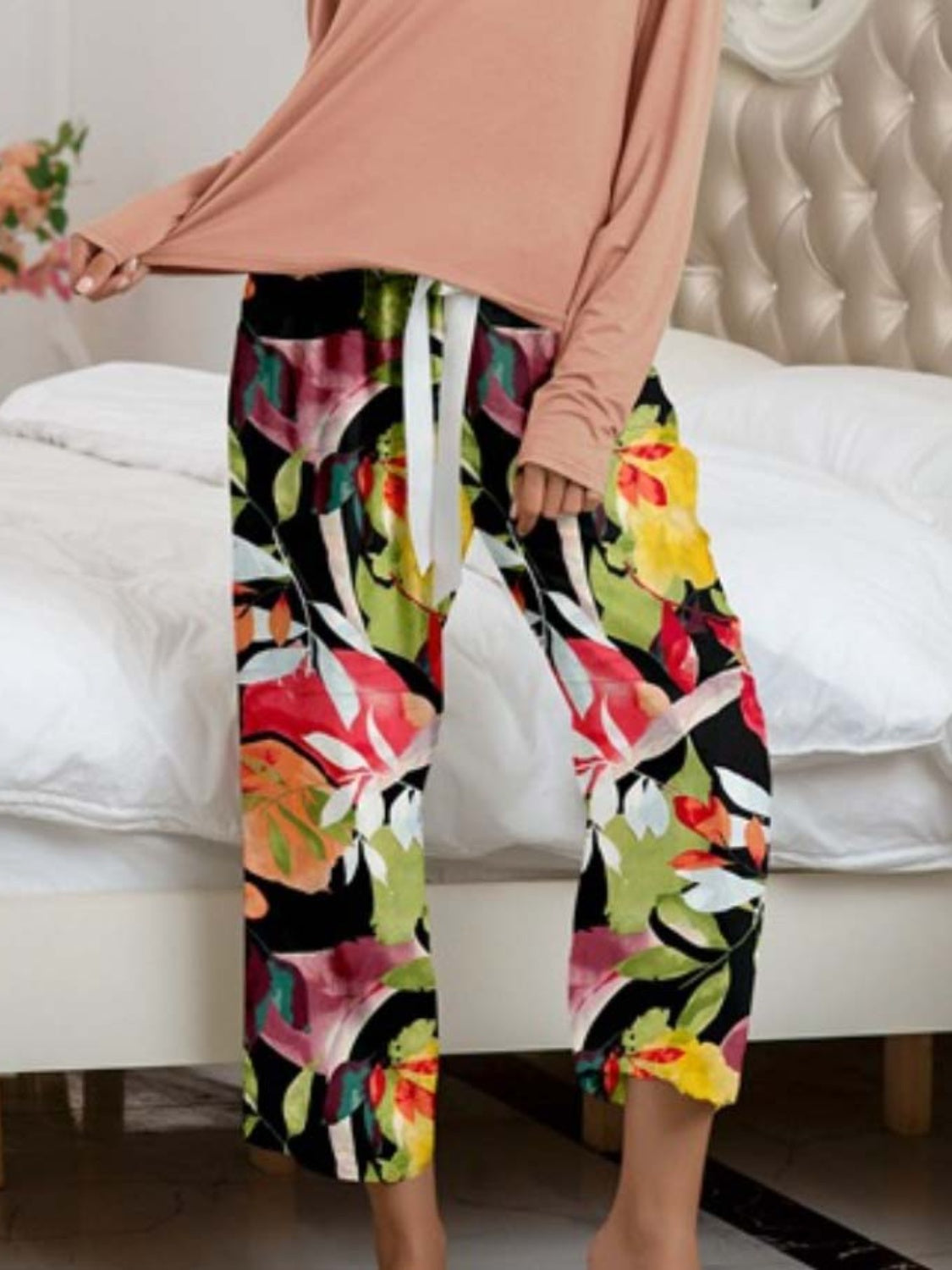 Round Neck Top and Printed Pants Lounge Set