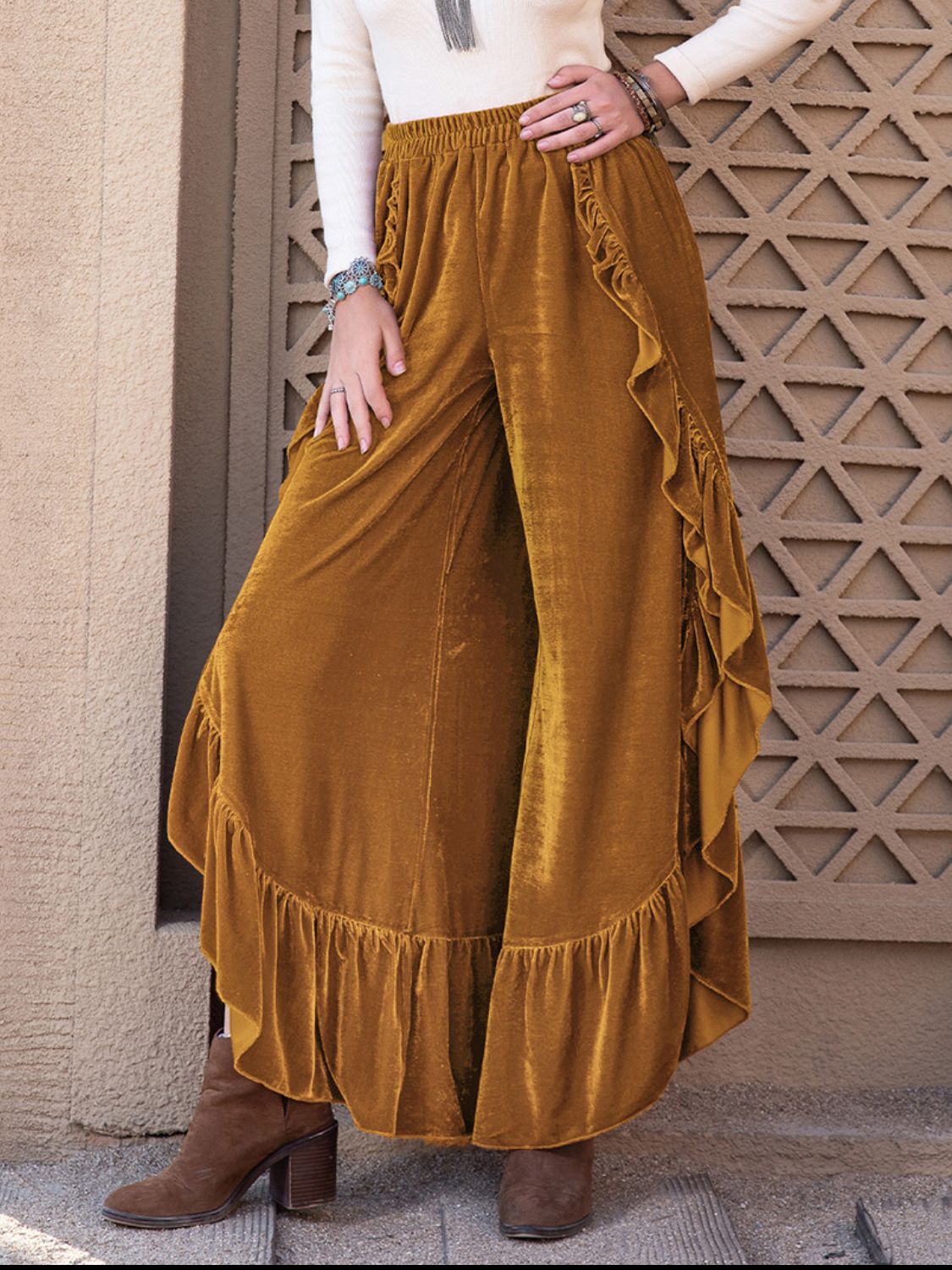 Slit Ruffled Wide Leg Pants